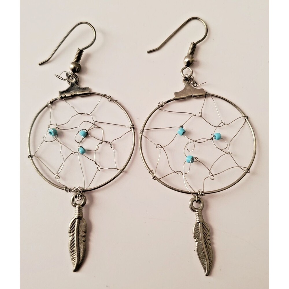 Vintage Dream Catcher Earrings Silvertone Blue Beads Feathers Hook Tribal Native